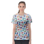 Blue Colorful Cats Silhouettes Pattern Women s Sport Mesh Tees