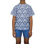 White On Blue Damask Kid s Short Sleeve Swimwear