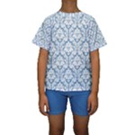 White On Light Blue Damask Kid s Short Sleeve Swimwear