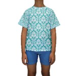 White On Turquoise Damask Kid s Short Sleeve Swimwear