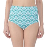 Turquoise Damask Pattern High-Waist Bikini Bottoms