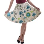 Whimsical Flowers Blue A-line Skater Skirt