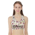 Pink Whimsical flowers on beige Women s Sports Bra with Border