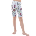 Pink whimsical flowers on blue Kid s Mid Length Swim Shorts