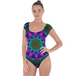Star Of Leaves, Abstract Magenta Green Forest Short Sleeve Leotard (Ladies)