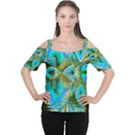 Crystal Gold Peacock, Abstract Mystical Lake Women s Cutout Shoulder Tee