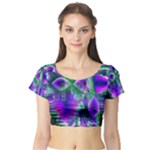 Evening Crystal Primrose, Abstract Night Flowers Short Sleeve Crop Top (Tight Fit)