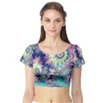 Violet Teal Sea Shells, Abstract Underwater Forest (purple Sea Horse, Abstract Ocean Waves  Short Sleeve Crop Top (Tight Fit)