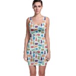 Blue Colorful Cats Silhouettes Pattern Sleeveless Bodycon Dress