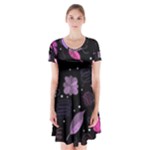 Purple and pink flowers  Short Sleeve V-neck Flare Dress