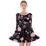 Pink ladybugs and flowers  Long Sleeve Skater Dress