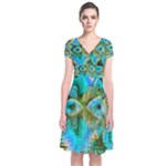 Crystal Gold Peacock, Abstract Mystical Lake Short Sleeve Front Wrap Dress
