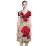 Red Rose Art Short Sleeve Front Wrap Dress