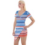 Blue And Coral Stripe 2 Short Sleeve Asymmetric Mini Dress