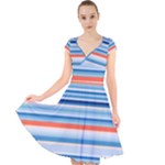 Blue And Coral Stripe 2 Cap Sleeve Front Wrap Midi Dress