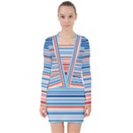 Blue And Coral Stripe 2 V-neck Bodycon Long Sleeve Dress