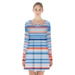 Blue And Coral Stripe 2 Long Sleeve Velvet V-neck Dress