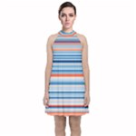 Blue And Coral Stripe 2 Velvet Halter Neckline Dress 
