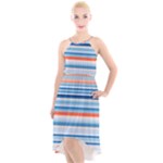 Blue And Coral Stripe 2 High-Low Halter Chiffon Dress 