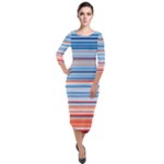 Blue And Coral Stripe 2 Quarter Sleeve Midi Velour Bodycon Dress