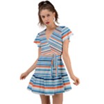 Blue And Coral Stripe 2 Flutter Sleeve Wrap Dress