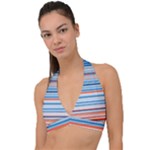 Blue And Coral Stripe 2 Halter Plunge Bikini Top