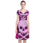 Pink Plaid Skull Short Sleeve Front Wrap Dress