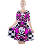 Pink Star Skull Checker Quarter Sleeve A-Line Dress
