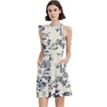 Blue Vintage Background, Blue Roses Patterns Cocktail Party Halter Sleeveless Dress With Pockets