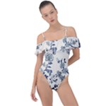 Blue Vintage Background, Blue Roses Patterns Frill Detail One Piece Swimsuit