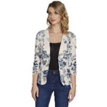 Blue Vintage Background, Blue Roses Patterns Women s One-Button 3/4 Sleeve Short Jacket