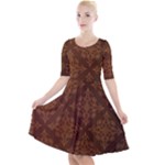 Brown Floral Pattern Floral Vintage Pattern, Brown Vintage Quarter Sleeve A-Line Dress