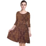 Brown Floral Pattern Floral Vintage Pattern, Brown Vintage Quarter Sleeve Waist Band Dress