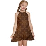 Brown Floral Pattern Floral Vintage Pattern, Brown Vintage Kids  Halter Collar Waist Tie Chiffon Dress