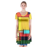 Multicolored Retro Abstraction, Lines Retro Background, Multicolored Mosaic Short Sleeve V-neck Flare Dress