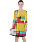 Multicolored Retro Abstraction%2 Quarter Sleeve Ruffle Waist Dress
