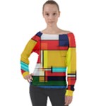 Multicolored Retro Abstraction, Lines Retro Background, Multicolored Mosaic Off Shoulder Long Sleeve Velour Top