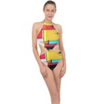 Multicolored Retro Abstraction%2 Halter Side Cut Swimsuit