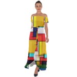 Multicolored Retro Abstraction%2 Off Shoulder Open Front Chiffon Dress