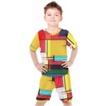 Multicolored Retro Abstraction, Lines Retro Background, Multicolored Mosaic Kids  T-Shirt and Shorts Set