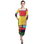 Multicolored Retro Abstraction, Lines Retro Background, Multicolored Mosaic Quarter Sleeve Midi Velour Bodycon Dress