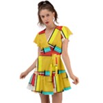 Multicolored Retro Abstraction, Lines Retro Background, Multicolored Mosaic Flutter Sleeve Wrap Dress