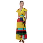 Multicolored Retro Abstraction, Lines Retro Background, Multicolored Mosaic Flutter Sleeve Maxi Dress