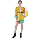 Multicolored Retro Abstraction%2 V-Neck Flare Sleeve Mini Dress