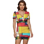 Multicolored Retro Abstraction, Lines Retro Background, Multicolored Mosaic Low Cut Cap Sleeve Mini Dress