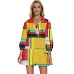 Multicolored Retro Abstraction, Lines Retro Background, Multicolored Mosaic V-Neck Placket Mini Dress