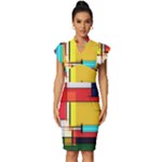 Multicolored Retro Abstraction, Lines Retro Background, Multicolored Mosaic Vintage Frill Sleeve V-Neck Bodycon Dress