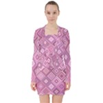 Pink Retro Texture With Rhombus, Retro Backgrounds V-neck Bodycon Long Sleeve Dress