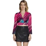 Pink-blue Retro Background, Retro Backgrounds, Lines Long Sleeve Tie Back Satin Wrap Top