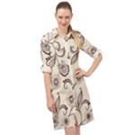 Retro Floral Texture, Light Brown Retro Background Long Sleeve Mini Shirt Dress